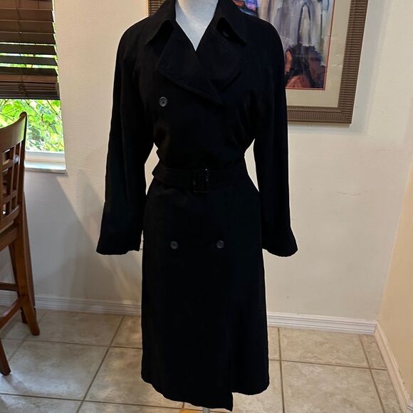 London Fog Black Long Double Breasted Trench Coat w/ Matching Belt Size 6P - Picture 8 of 15